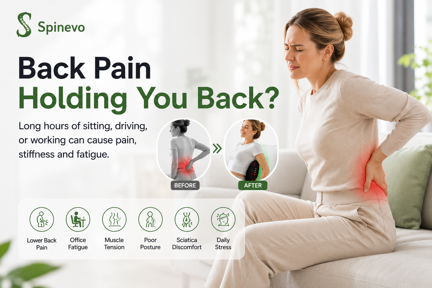 Spinevo orthopedic lumbar support for lower back pain relief