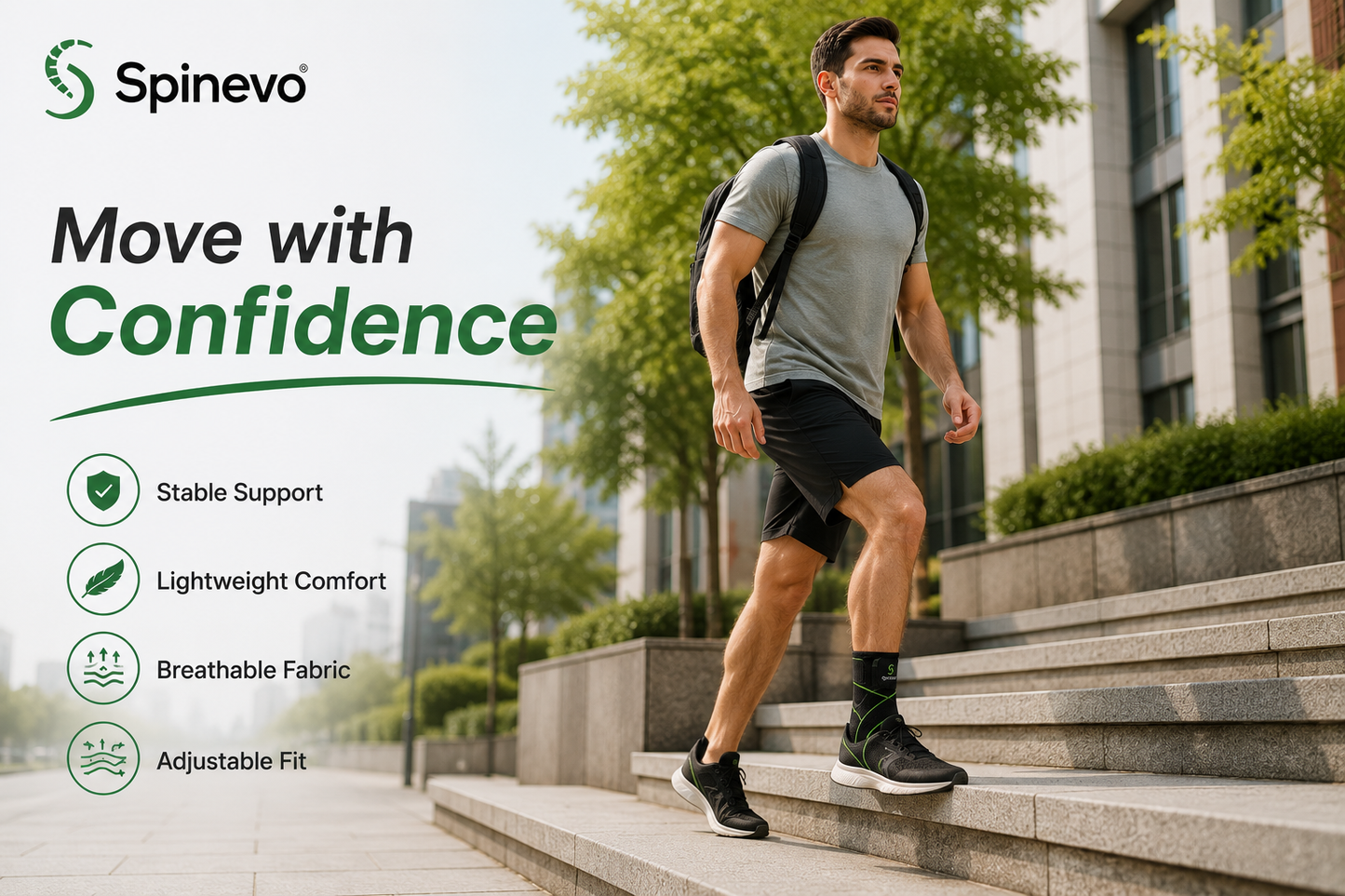 Person walking outdoors wearing the Spinevo™ Active Ankle Support Brace for daily comfort