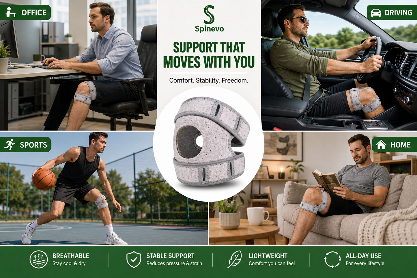 Spinevo knee strap shown for office work, driving, sports and relaxing at home