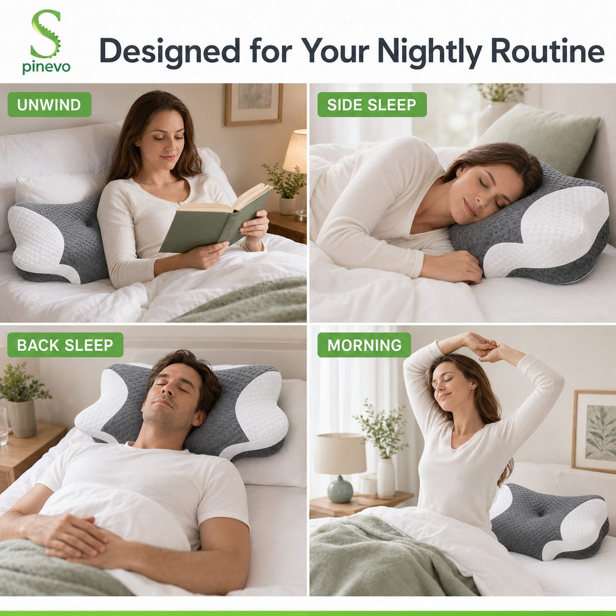 Spinevo ErgoCloud pillow used for reading, side sleeping, back sleeping and morning comfort