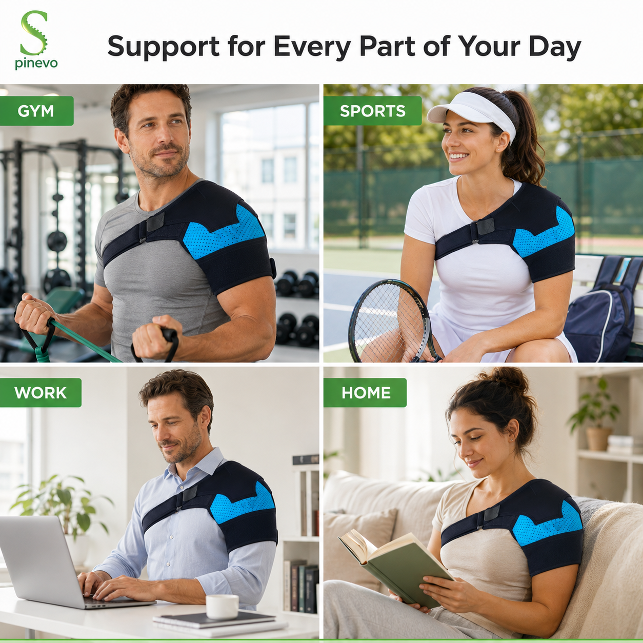 Spinevo IceFlex shoulder brace used at the gym, during sports, at work and at home