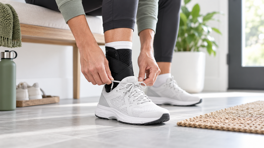 Person fitting an ankle support brace inside an athletic shoe