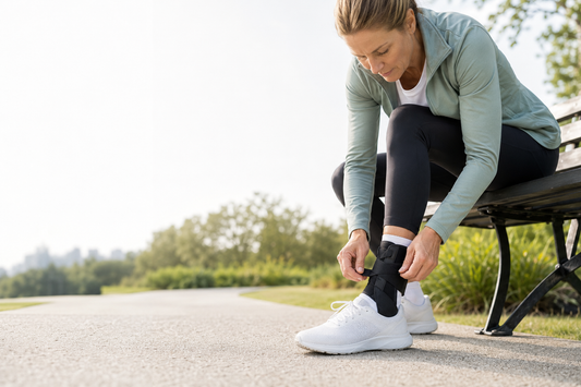 Woman adjusting an ankle support brace before walking in a park