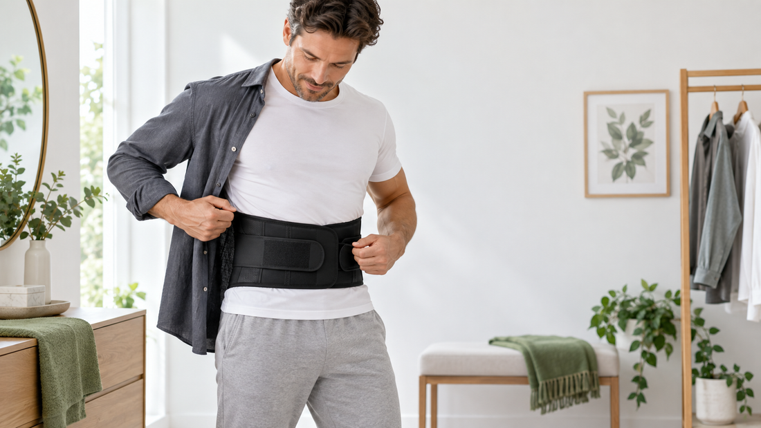 Person adjusting a lumbar support brace under everyday clothing
