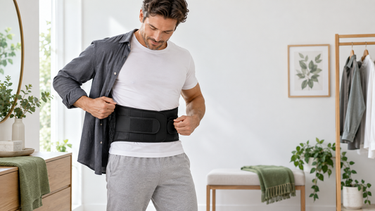 Person adjusting a lumbar support brace under everyday clothing