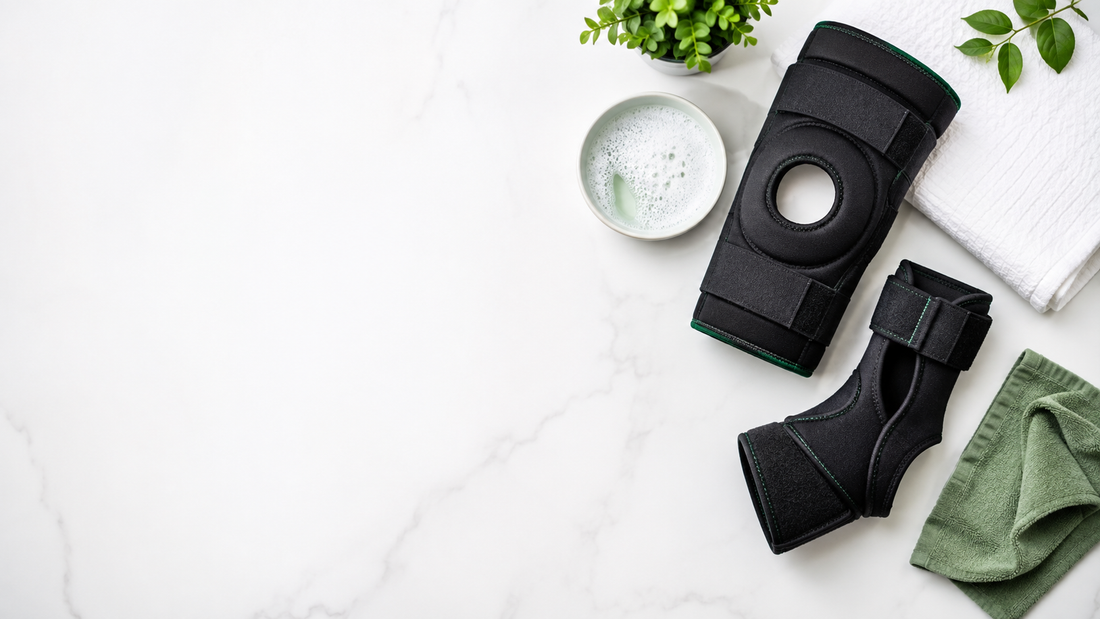 Clean knee and ankle support braces with mild soap and towels for care