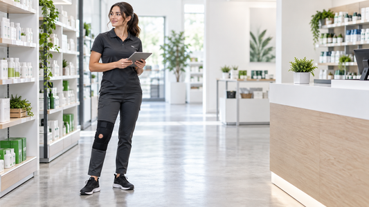 Worker wearing a knee support brace during a standing shift