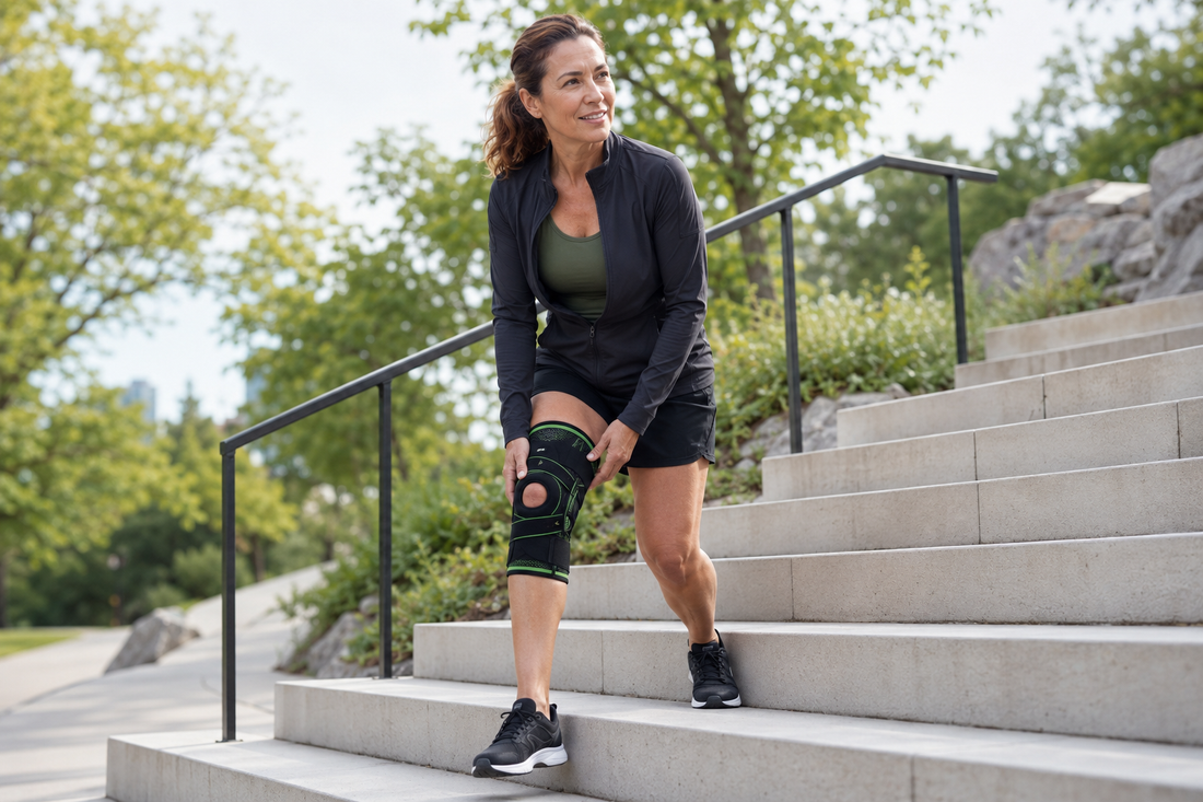 Woman adjusting a knee support brace beside outdoor steps