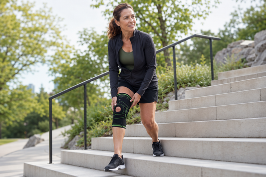 Woman adjusting a knee support brace beside outdoor steps