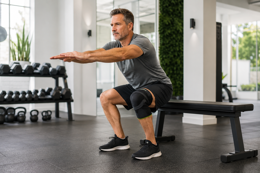 Man performing a controlled squat while wearing a knee support brace
