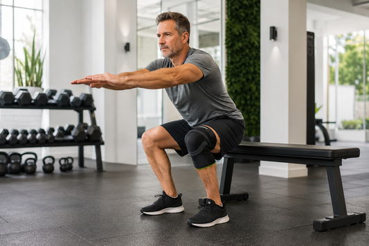 Man performing a controlled squat while wearing a knee support brace