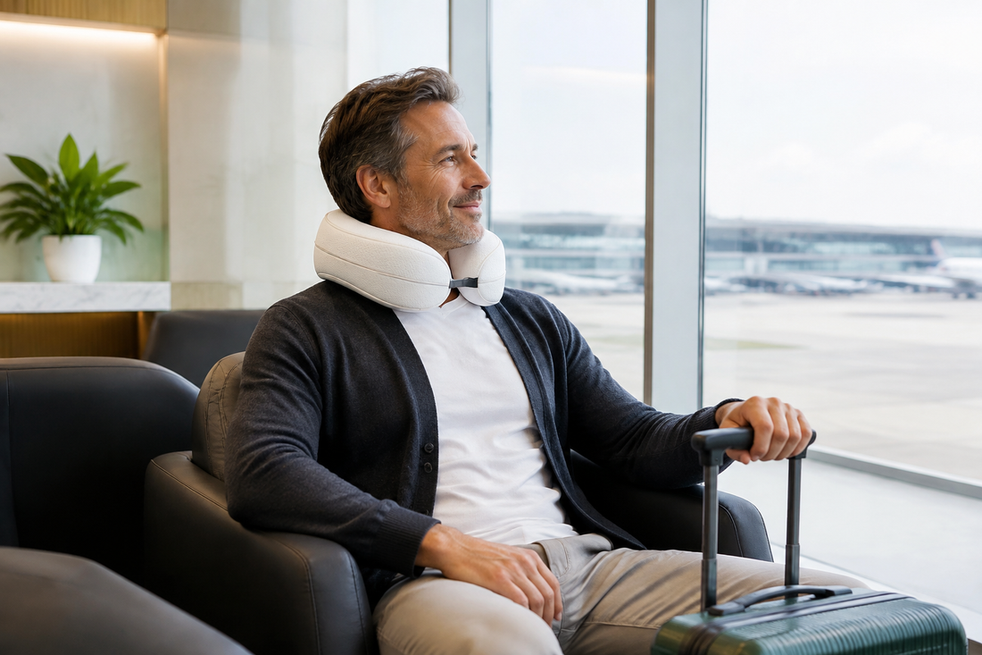 Traveler using an ergonomic neck support pillow at an airport