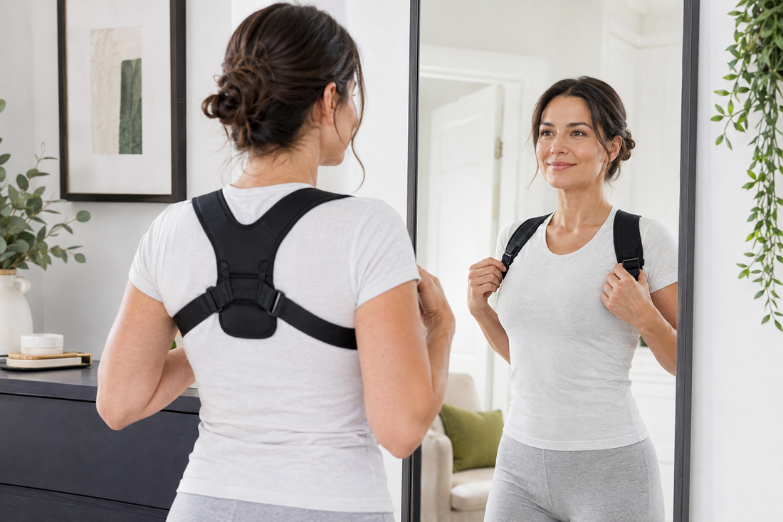Woman adjusting a posture corrector comfortably over a light shirt
