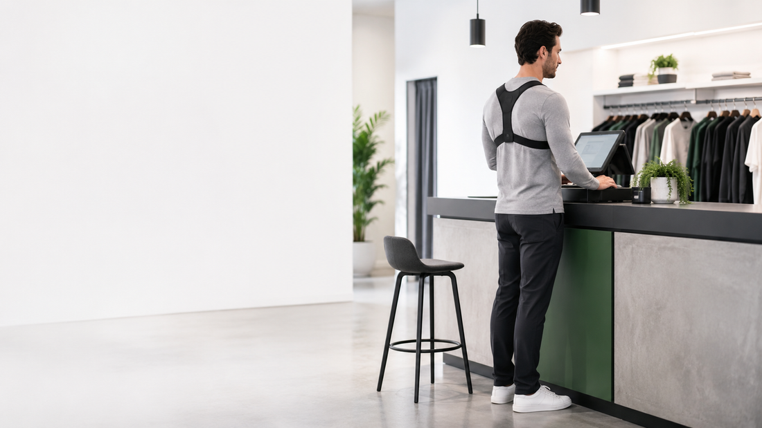 Adult wearing a posture corrector while working at a standing counter