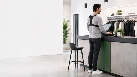 Adult wearing a posture corrector while working at a standing counter