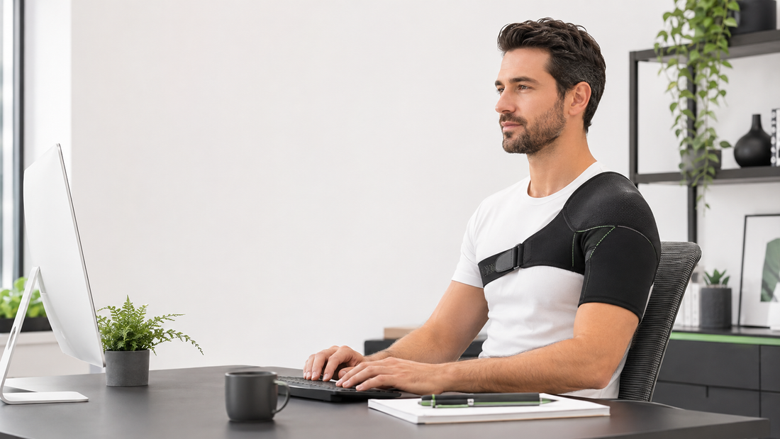 Adult wearing a single-shoulder support brace while working at a desk