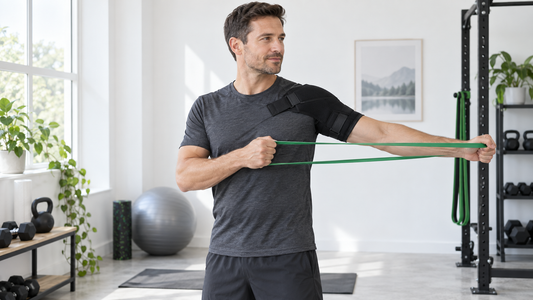 Adult using a resistance band with a shoulder support brace