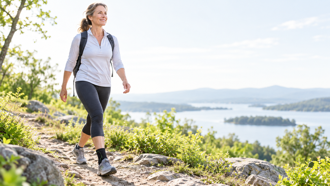Woman walking on an uneven trail with ankle support