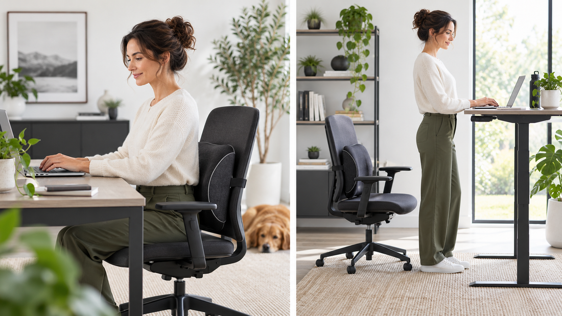 Hybrid worker alternating between sitting with lumbar support and standing