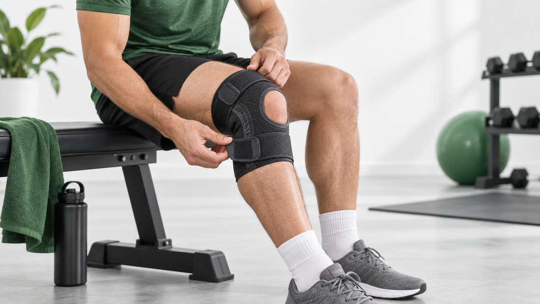 Person adjusting an open-patella knee support brace