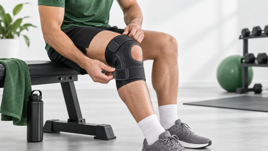 Person adjusting an open-patella knee support brace