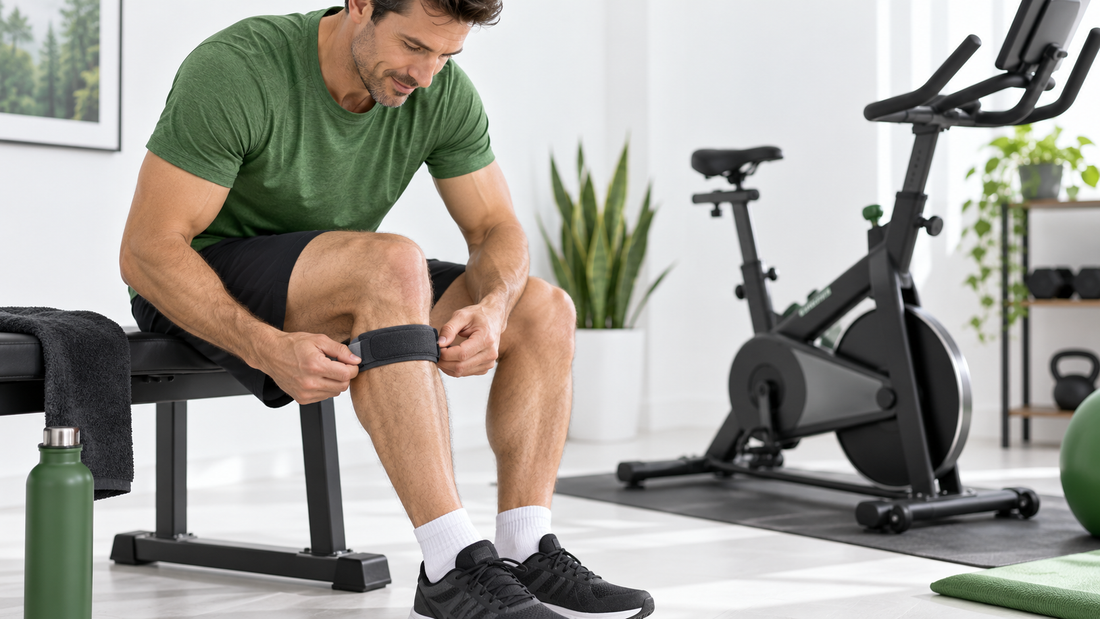 Cyclist fitting a patella knee strap beside a stationary bike