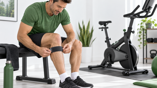 Cyclist fitting a patella knee strap beside a stationary bike