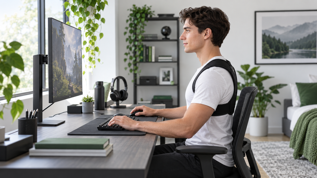 Person studying and gaming with an ergonomic desk setup and posture support