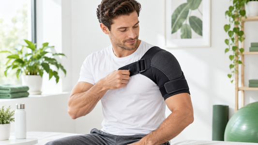 Person adjusting a shoulder support brace in a bright room