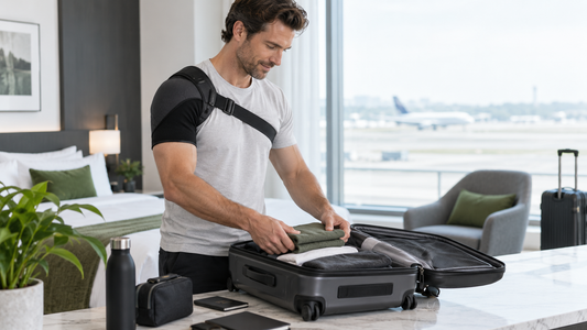 Traveler packing luggage while wearing an adjustable shoulder support