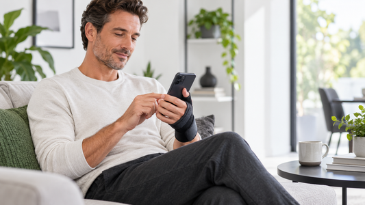 Adult using a smartphone while wearing a thumb and wrist support brace
