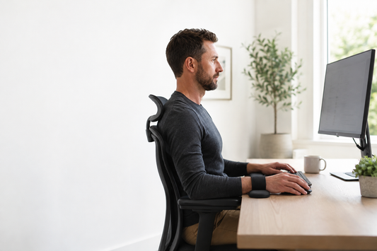 Office worker maintaining a neutral wrist position at a computer
