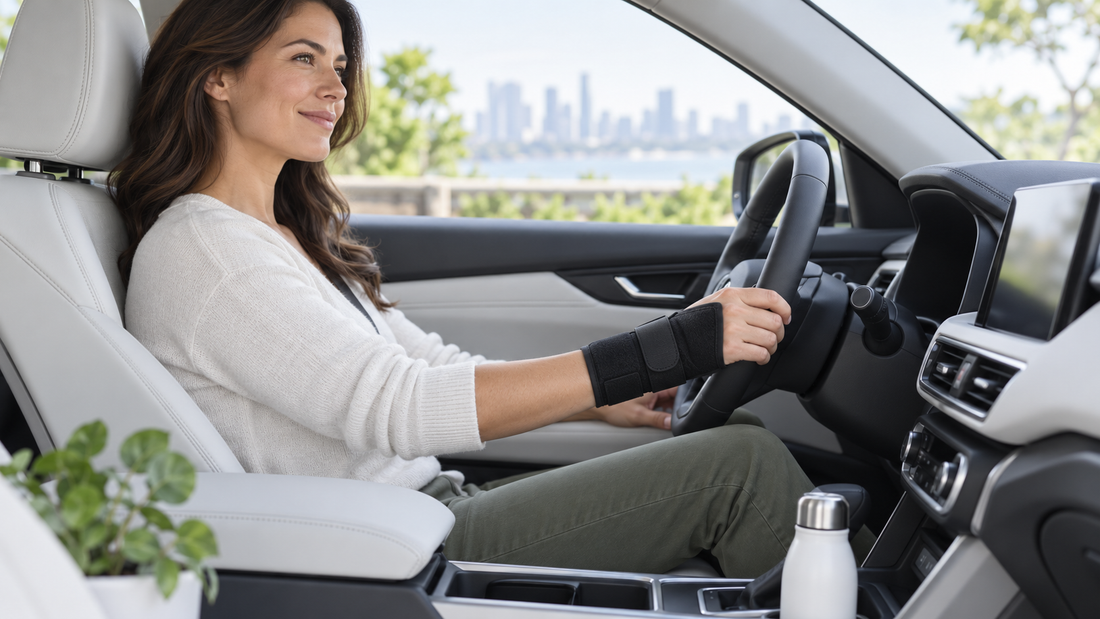 Driver wearing an adjustable wrist support brace in a parked car