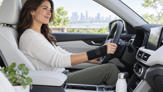 Driver wearing an adjustable wrist support brace in a parked car