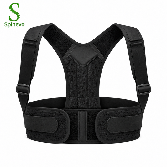 Spinevo™ Premium Posture Corrector Brace – ergonomic back support brace with adjustable shoulder straps, breathable lightweight material for everyday posture support.