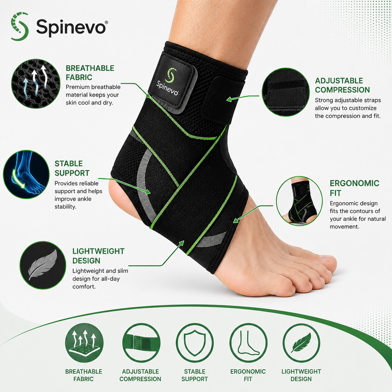 Features of the Spinevo™ Active Ankle Support Brace including breathable fabric and adjustable compression