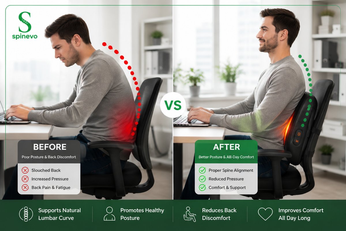 Before and after comparison showing improved sitting posture with the Spinevo™ ErgoHeat Lumbar Support Pillow providing ergonomic lower back support.