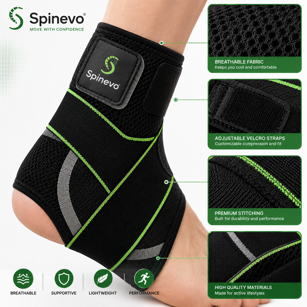 Close-up of breathable fabric, premium stitching and hook-and-loop fastener on the Spinevo ankle brace