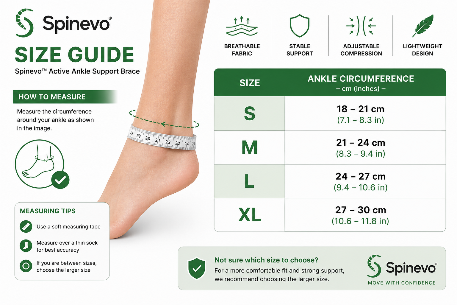Spinevo™ Active Ankle Support Brace size guide with ankle measurement instructions