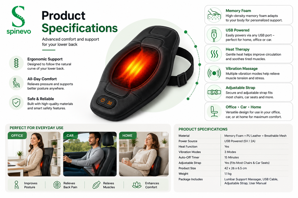 Product specifications infographic for the Spinevo™ ErgoHeat Lumbar Support Pillow featuring memory foam, USB power, heat therapy, vibration massage, adjustable strap, and everyday ergonomic support.