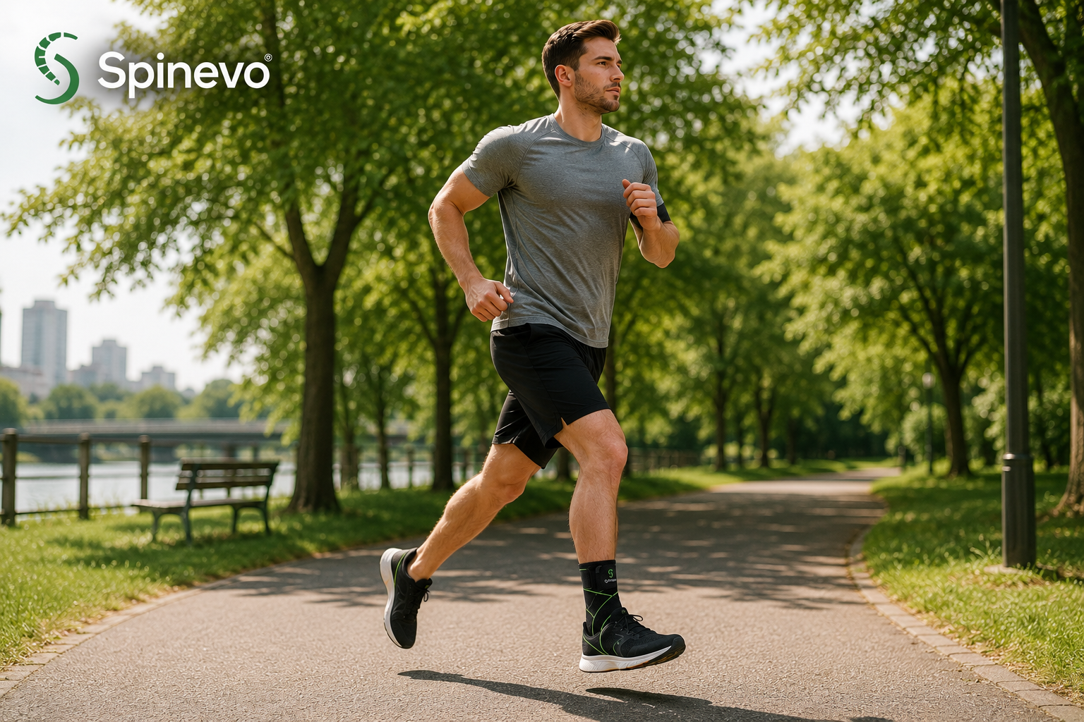 Athlete running in the park wearing the Spinevo™ Active Ankle Support Brace
