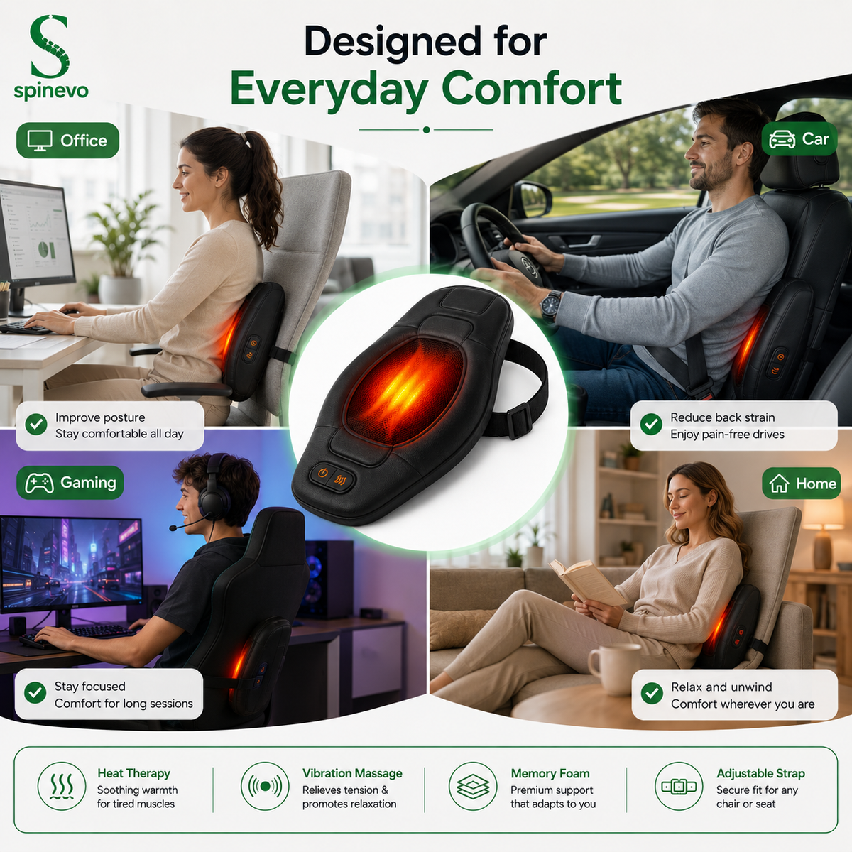 Spinevo™ ErgoHeat Lumbar Support Pillow used at the office, in the car, while gaming, and at home for ergonomic lumbar support and everyday comfort.