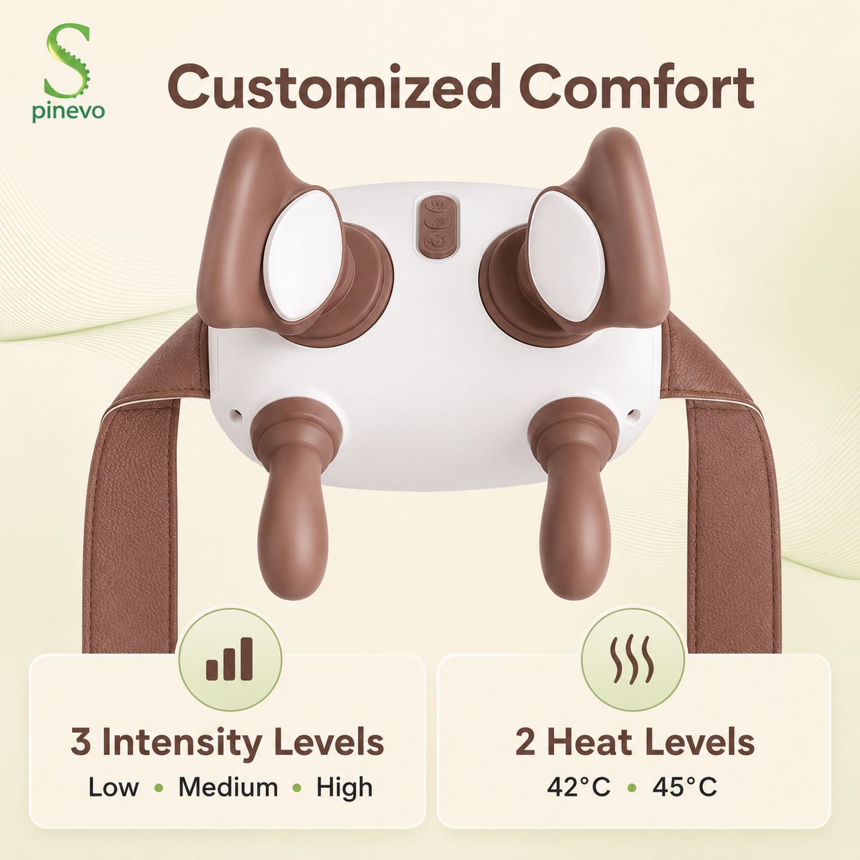 Spinevo HeatKnead Pro controls with three massage intensities and two heat levels