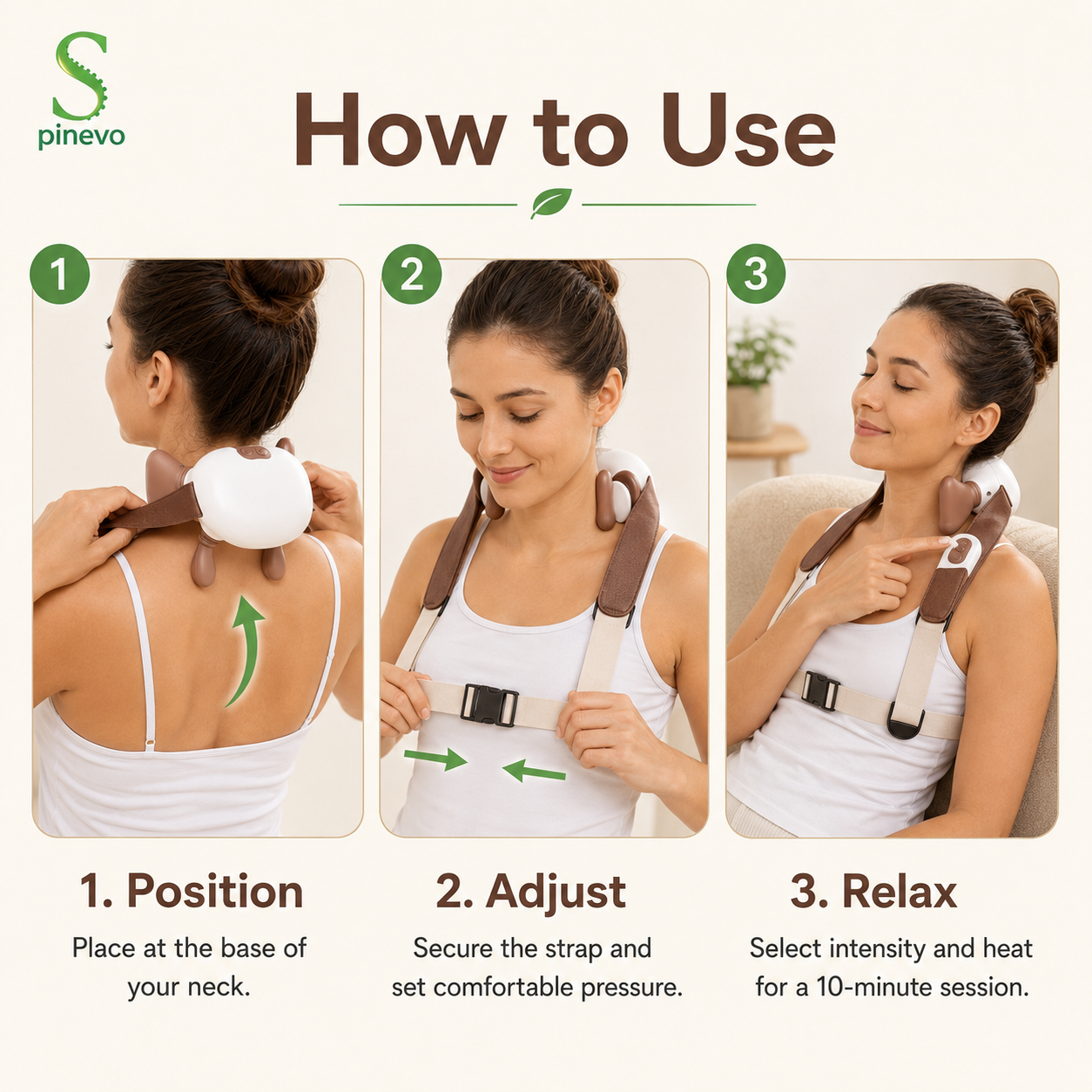 Three-step guide showing how to position, adjust and use the Spinevo HeatKnead Pro