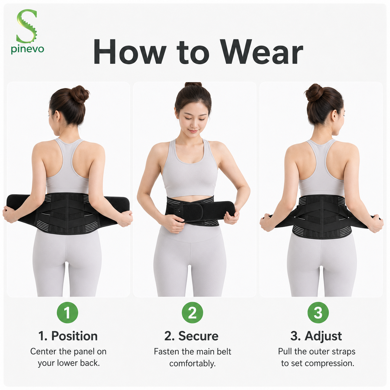 Adjustable straps and supportive design of the Spinevo back brace