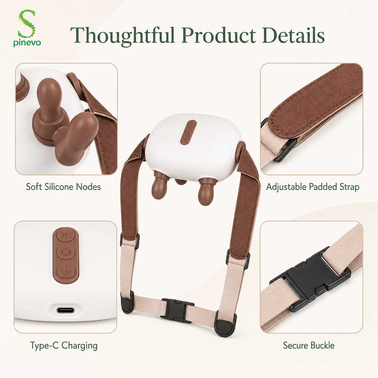Close-up details of Spinevo HeatKnead Pro silicone nodes, strap, Type-C port and buckle