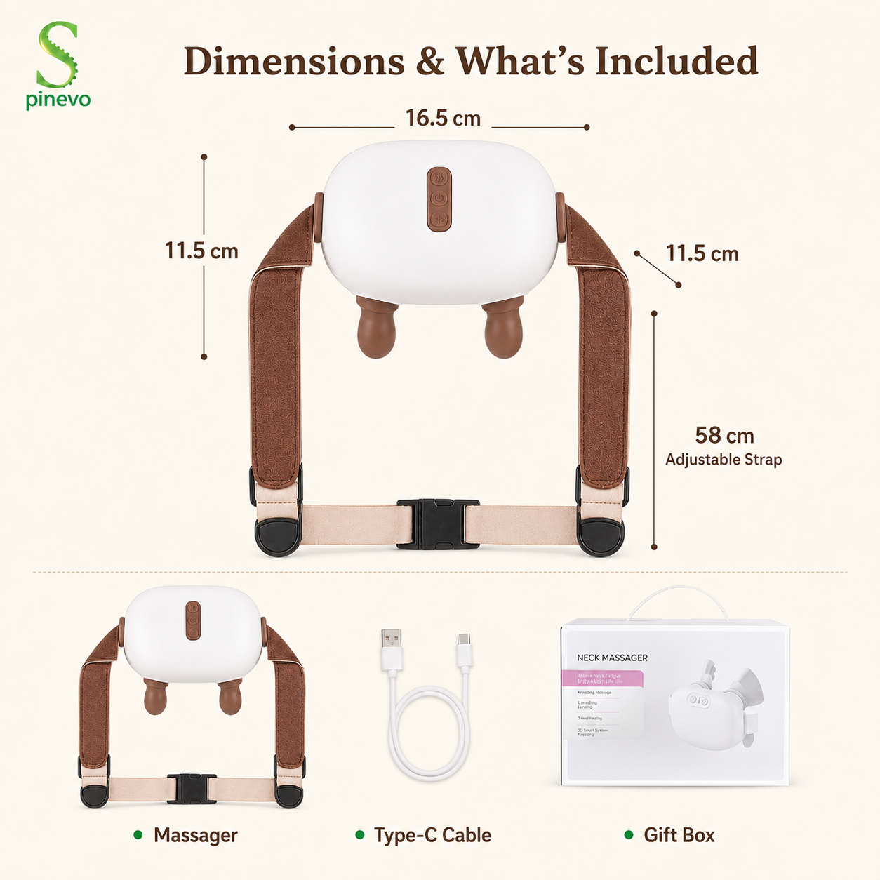 Spinevo HeatKnead Pro dimensions with massager, Type-C cable and gift box