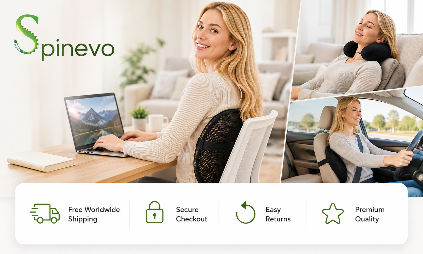Woman using Spinevo back and neck support products at work, home and while driving