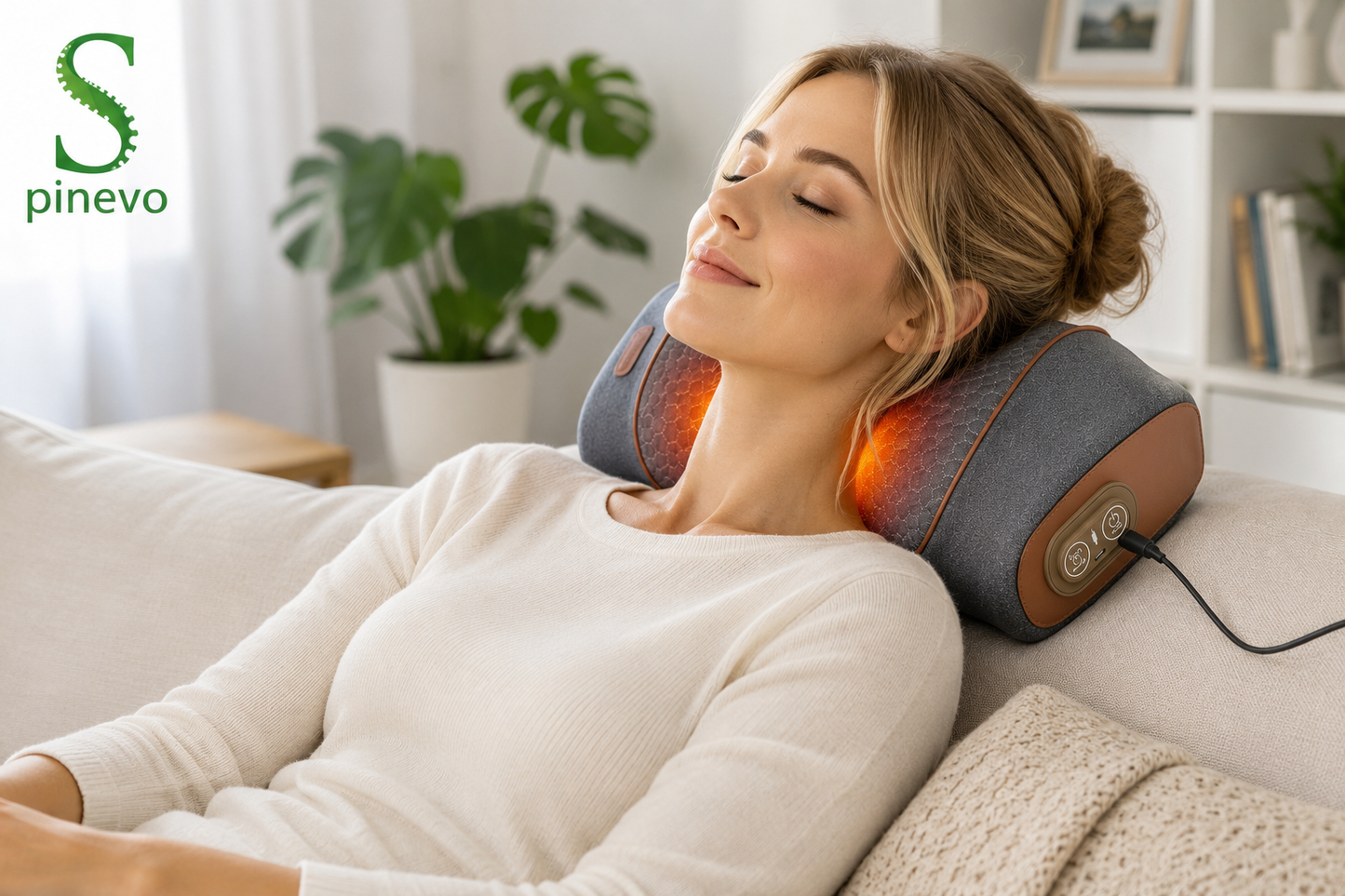 Woman relaxing with the Spinevo Smart Neck Relief Massager at home