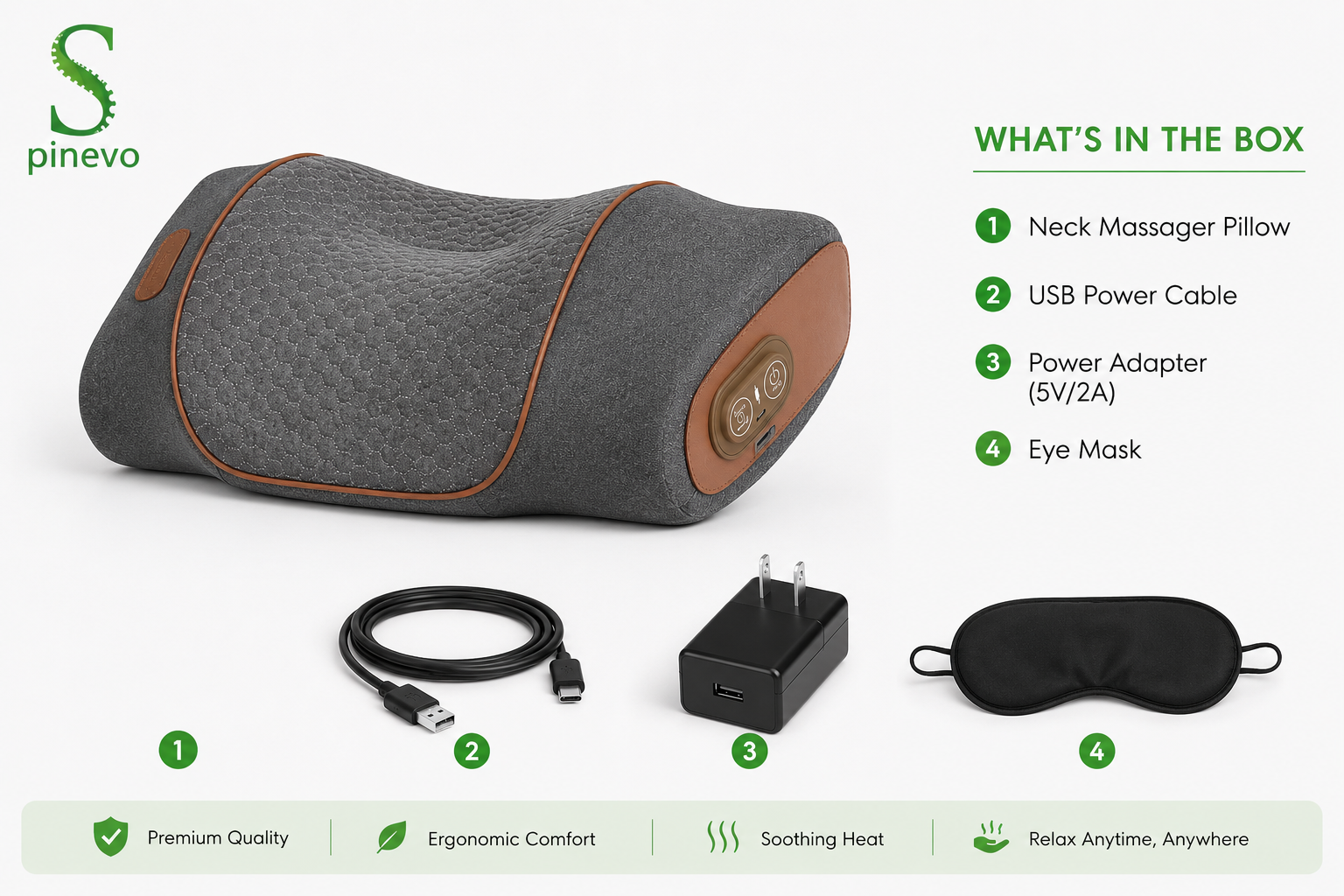 Spinevo Smart Neck Relief Massager with USB cable, adapter and eye mask